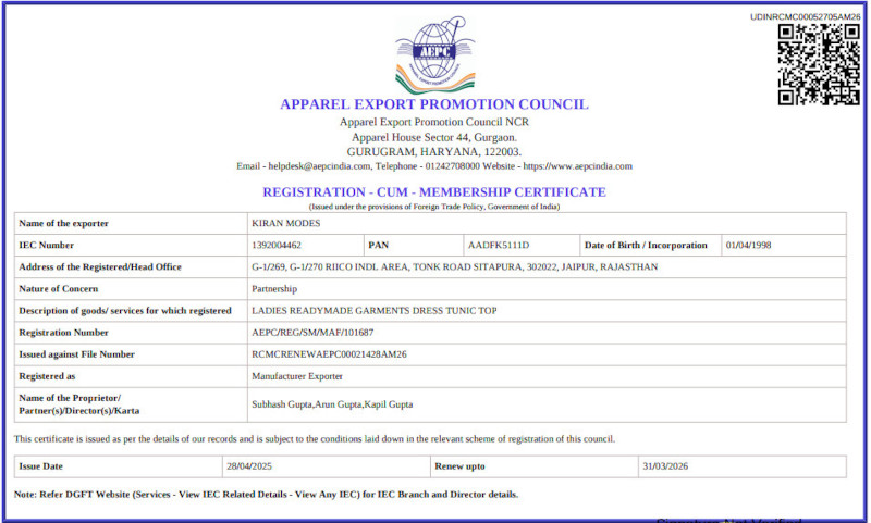 Apparel Export Promotion Council Membership Certificate of Kiran Modes