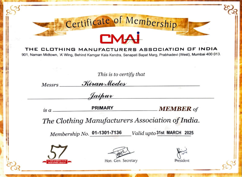 Clothing Manufacturers Association of India Membership Certificate of Kiran Modes