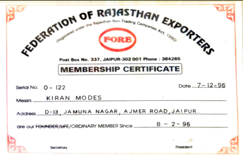 Federation Of Rajasthan Exporters Membership Certificate - Kiran Modes