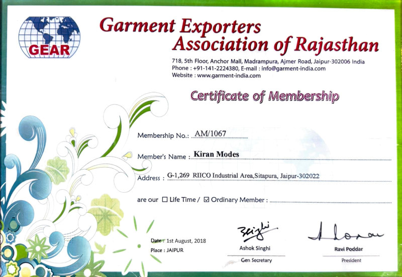 Garment Exporters Association of Rajasthan Membership Certificate of Kiran Modes