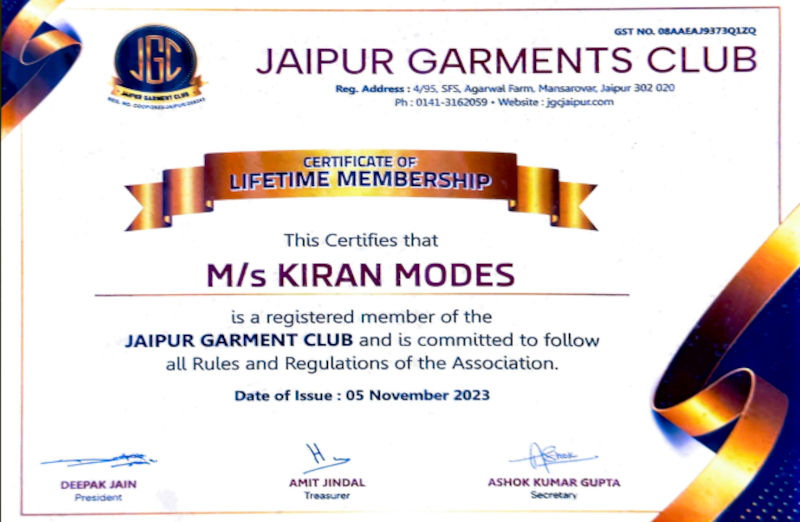Jaipur Garments Club Membership Certificate of Kiran Modes