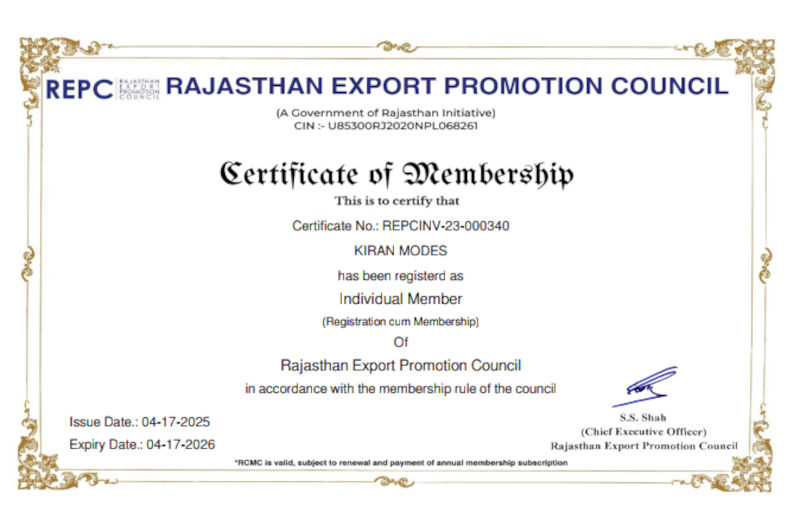Rajasthan Export Promotion Council Membership Certificate of Kiran Modes